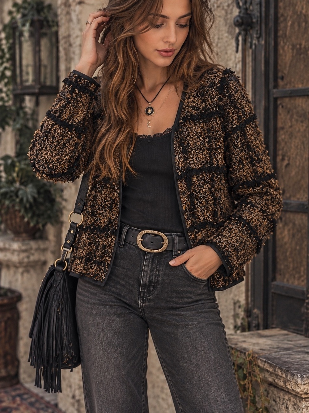 Chicos Silk Mesh Textured Fringe Jacket Boho Artsy Whimsigoth Statement Sequin M